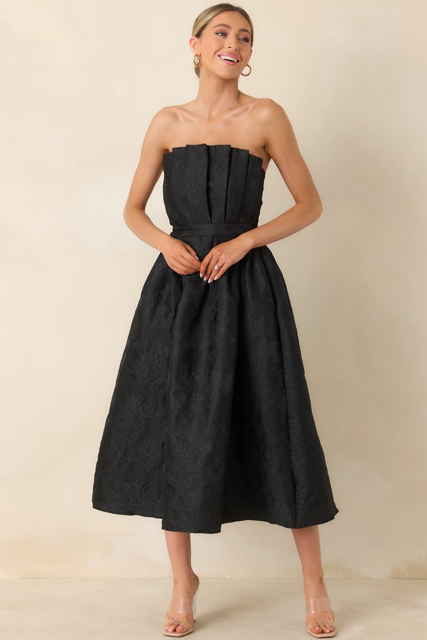 The Genevieve Black Jacquard Strapless Midi Dress
