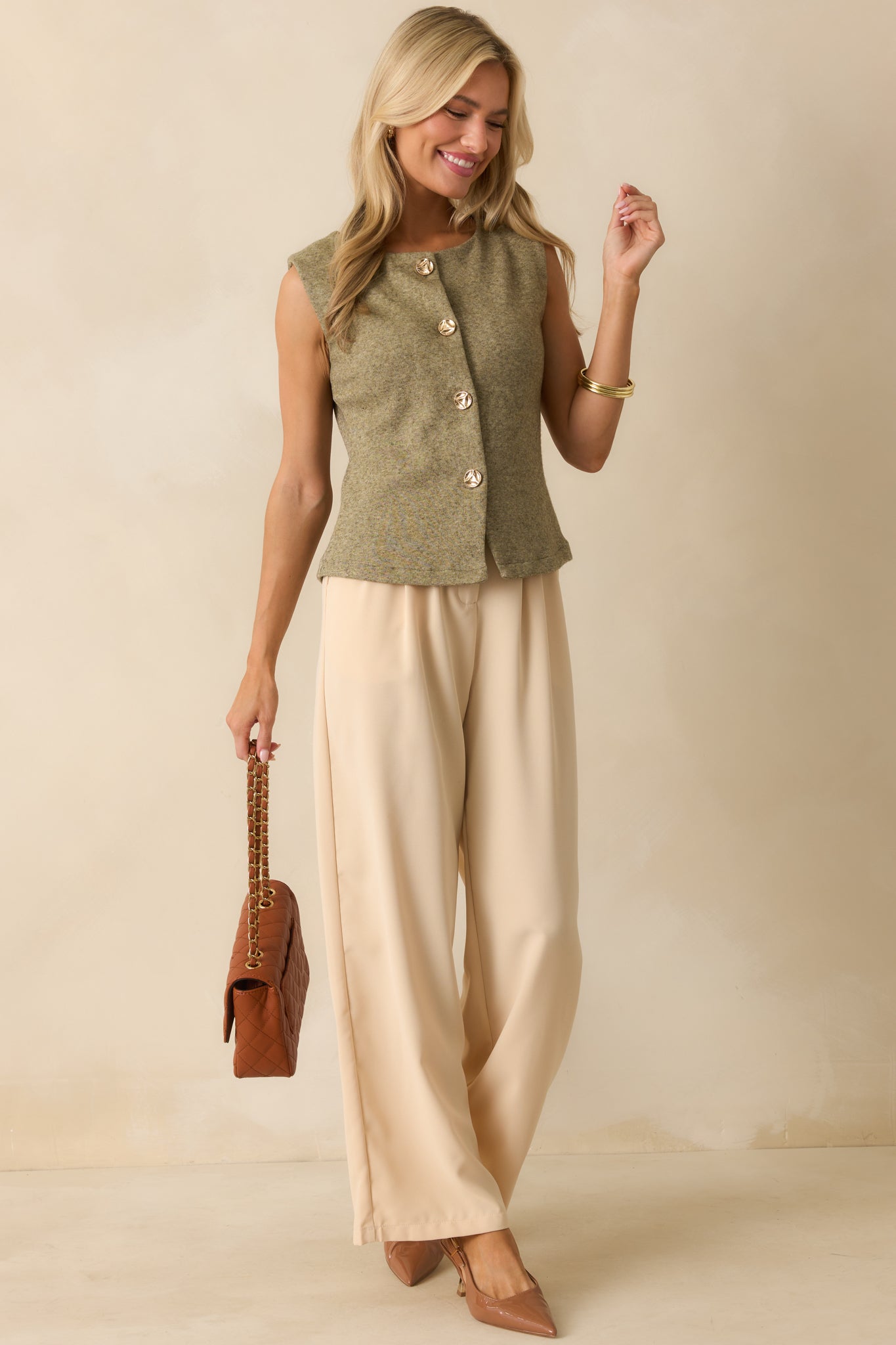 Matter Of Fact Light Olive Green Button Up Knit Sweater Vest