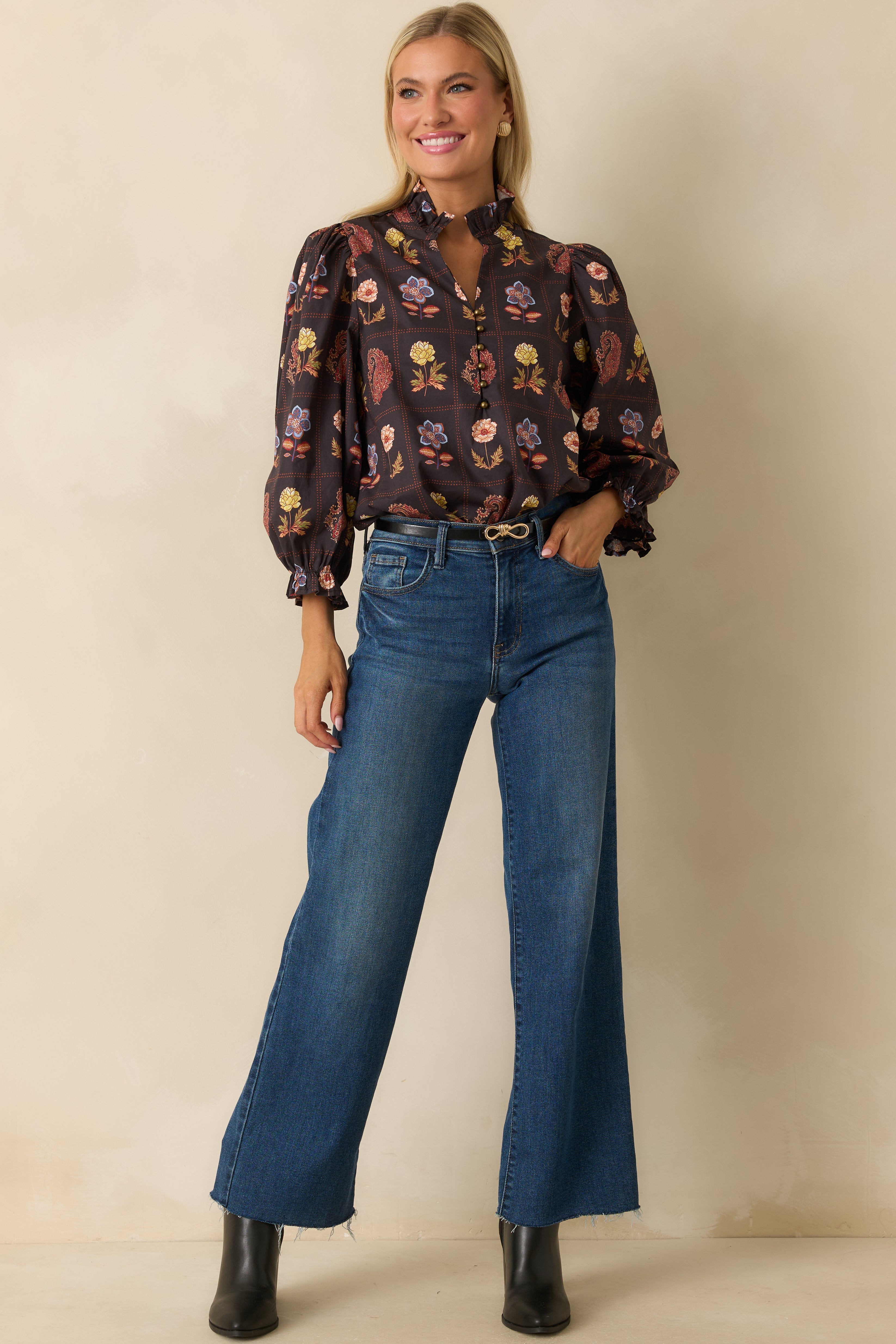 Everything's Blooming Black Multi Floral Cotton Puff Sleeve Blouse