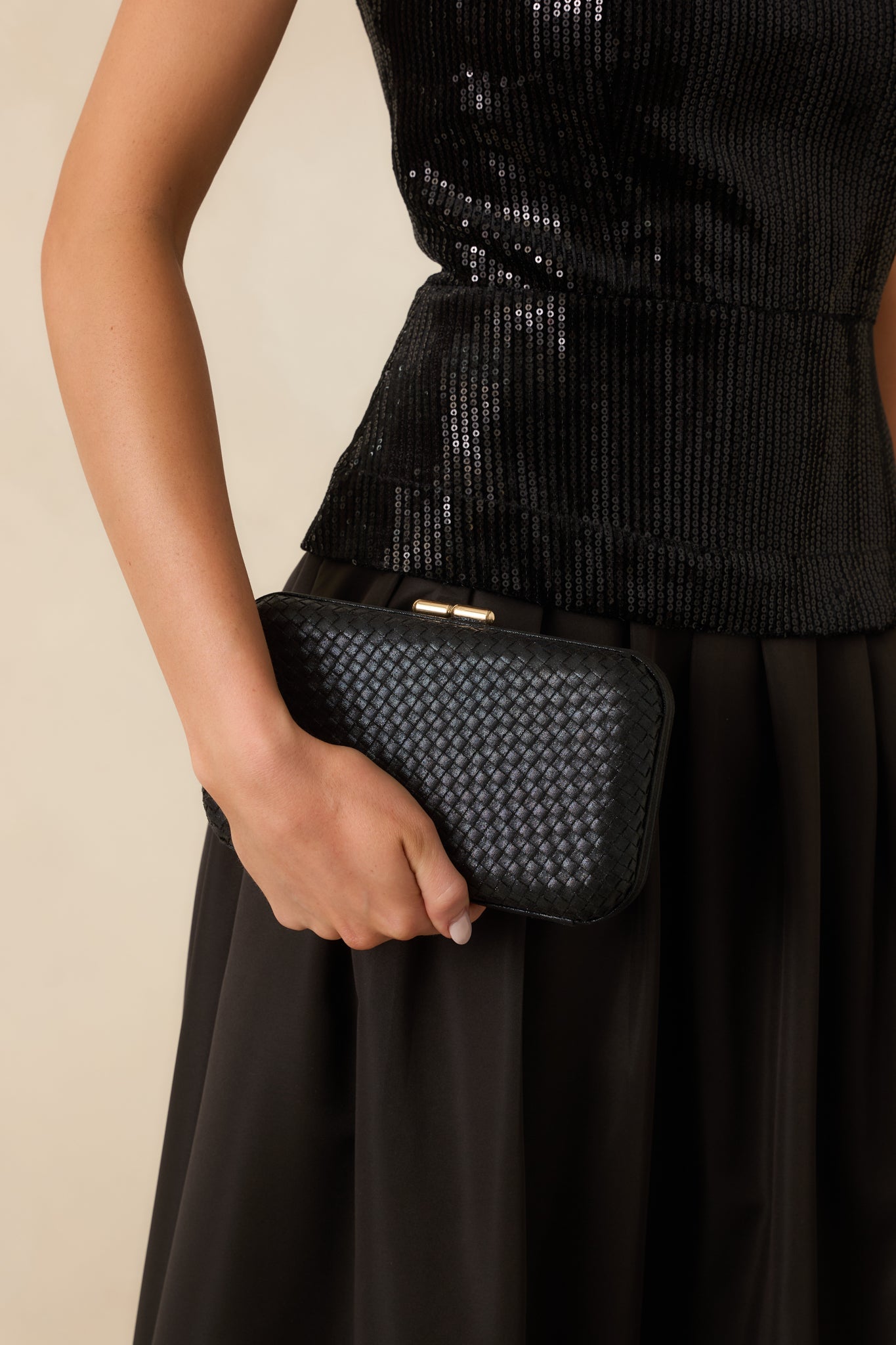 Truth Be Told Black Woven Structured Clutch Handbag