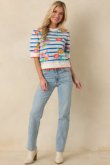 Flower Market Morning Blue Multi Floral Stripe Short Sleeve Sweater