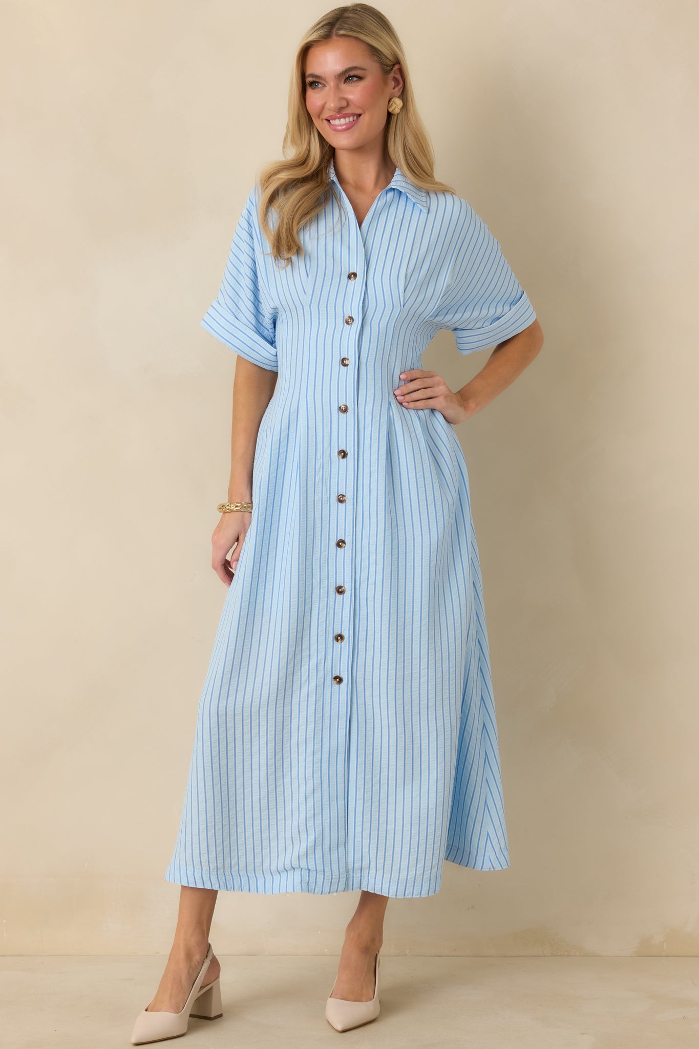 Wherever I Go Light Blue Stripe Smocked Waist Maxi Shirt Dress