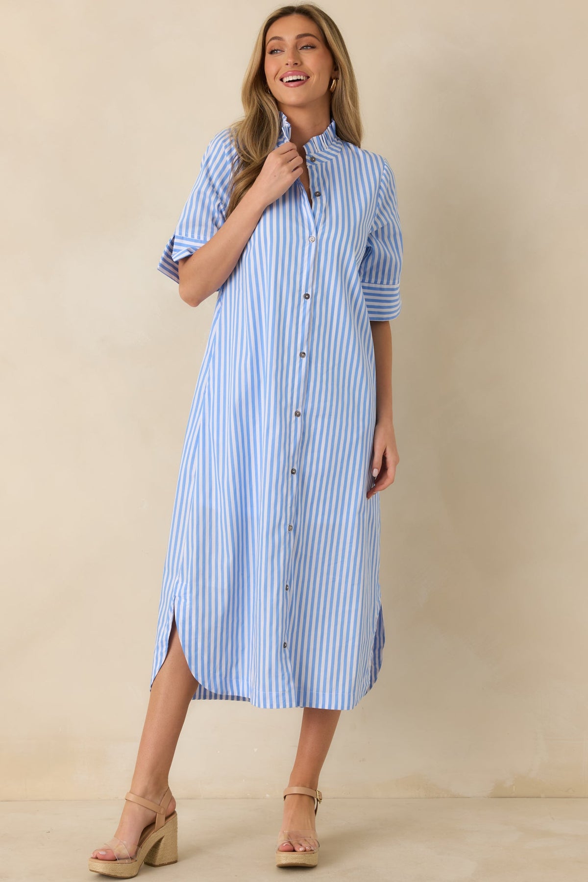 In Perfect Order Blue Stripe Button Front Ruffle Collar Midi Shirt Dress