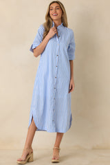 In Perfect Order Blue Stripe Button Front Ruffle Collar Midi Shirt Dress