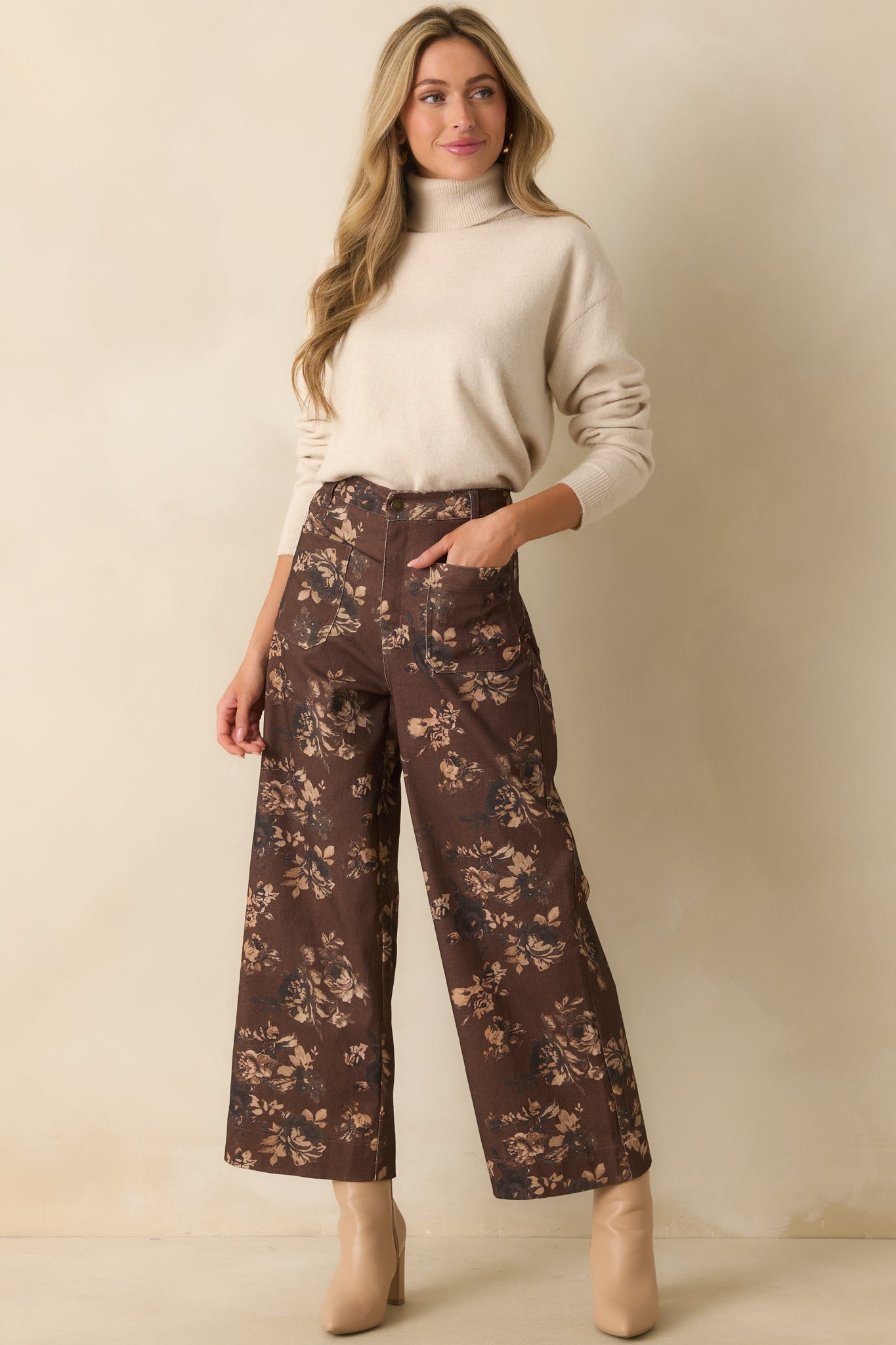 Couldn't Be Better Chocolate Brown Floral Print Cotton Wide Leg Jeans