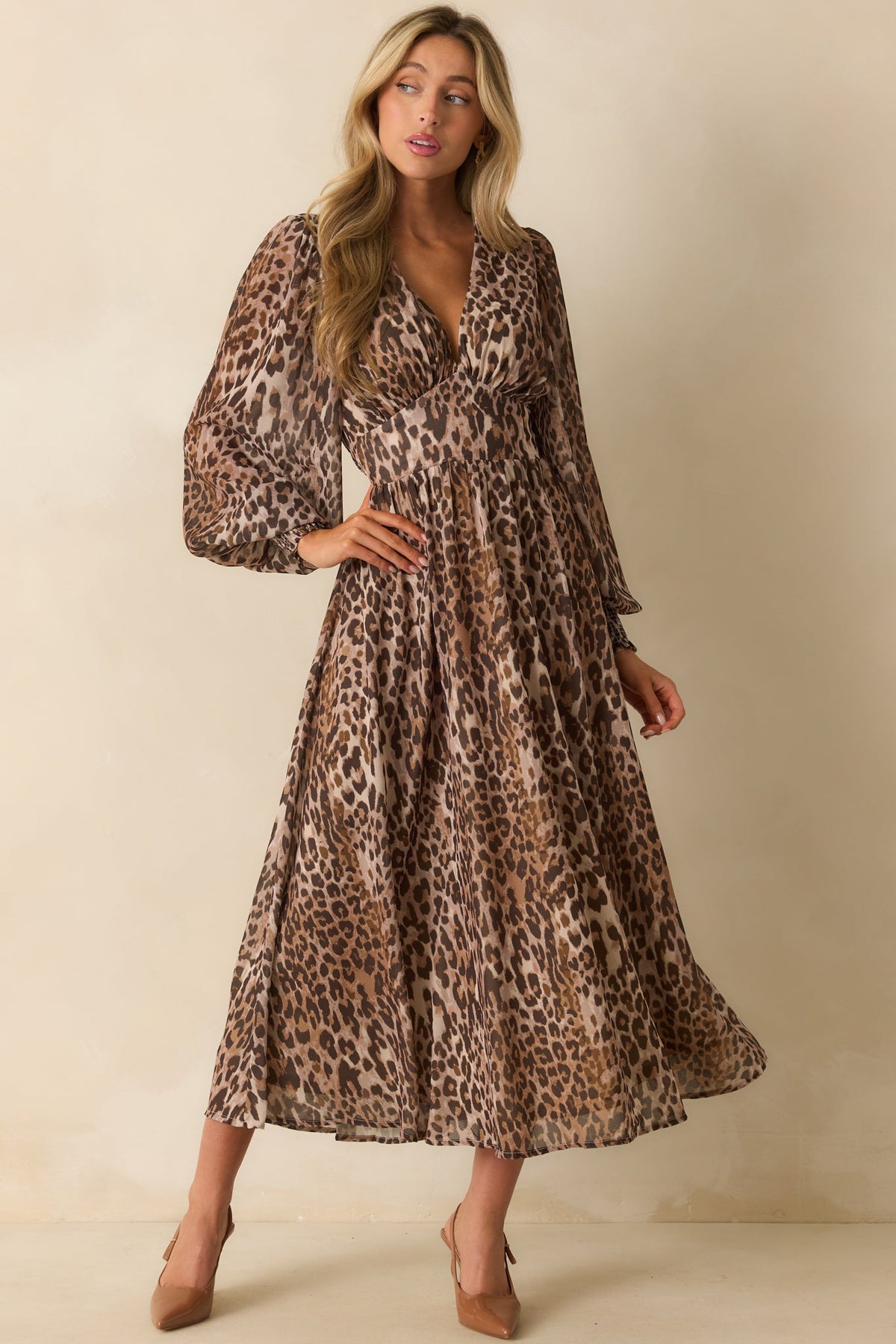 At Any Given Moment Brown Leopard Print Chiffon Maxi Dress