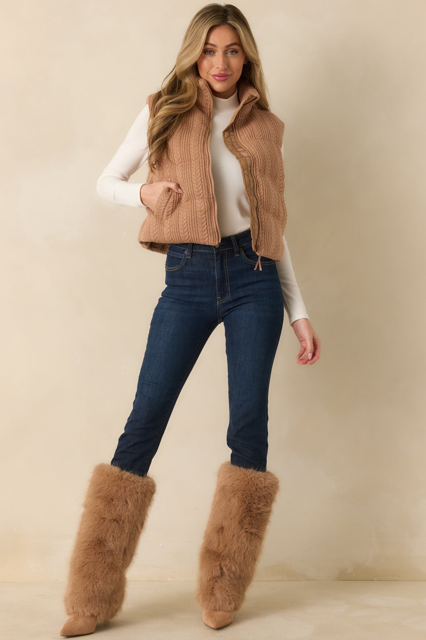 Thread & Supply Stormi Camel Brown Cable Knit Puffer Vest