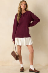 Close To Heart Burgundy Knit Collared Sweater Mini Dress