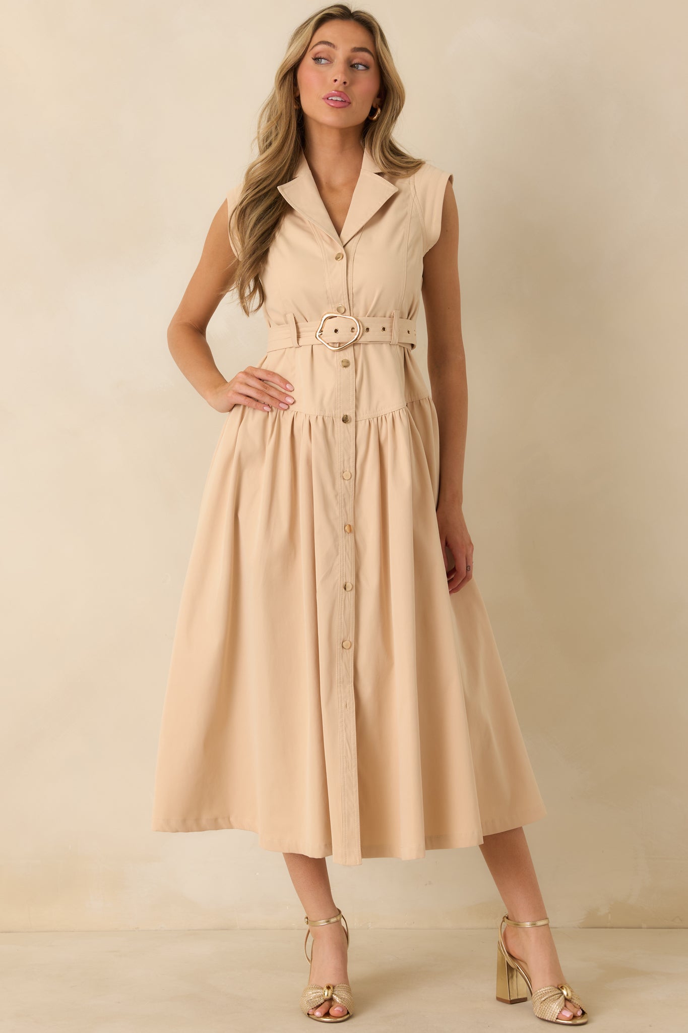 Just Right Moments Beige Sleeveless Belted Maxi Shirt Dress