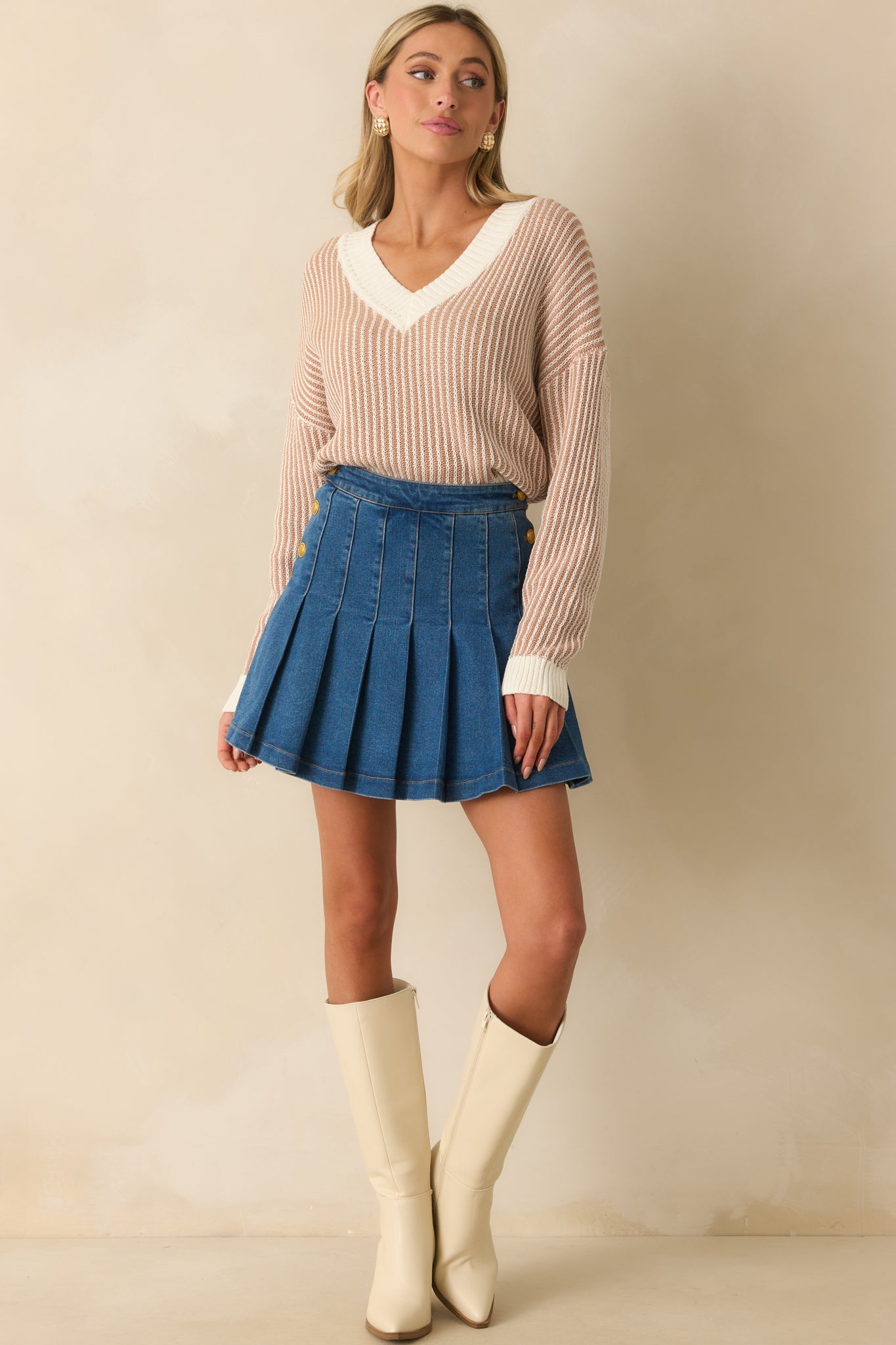 MINKPINK Camel Brown Elsie Knit V-Neck Sweater