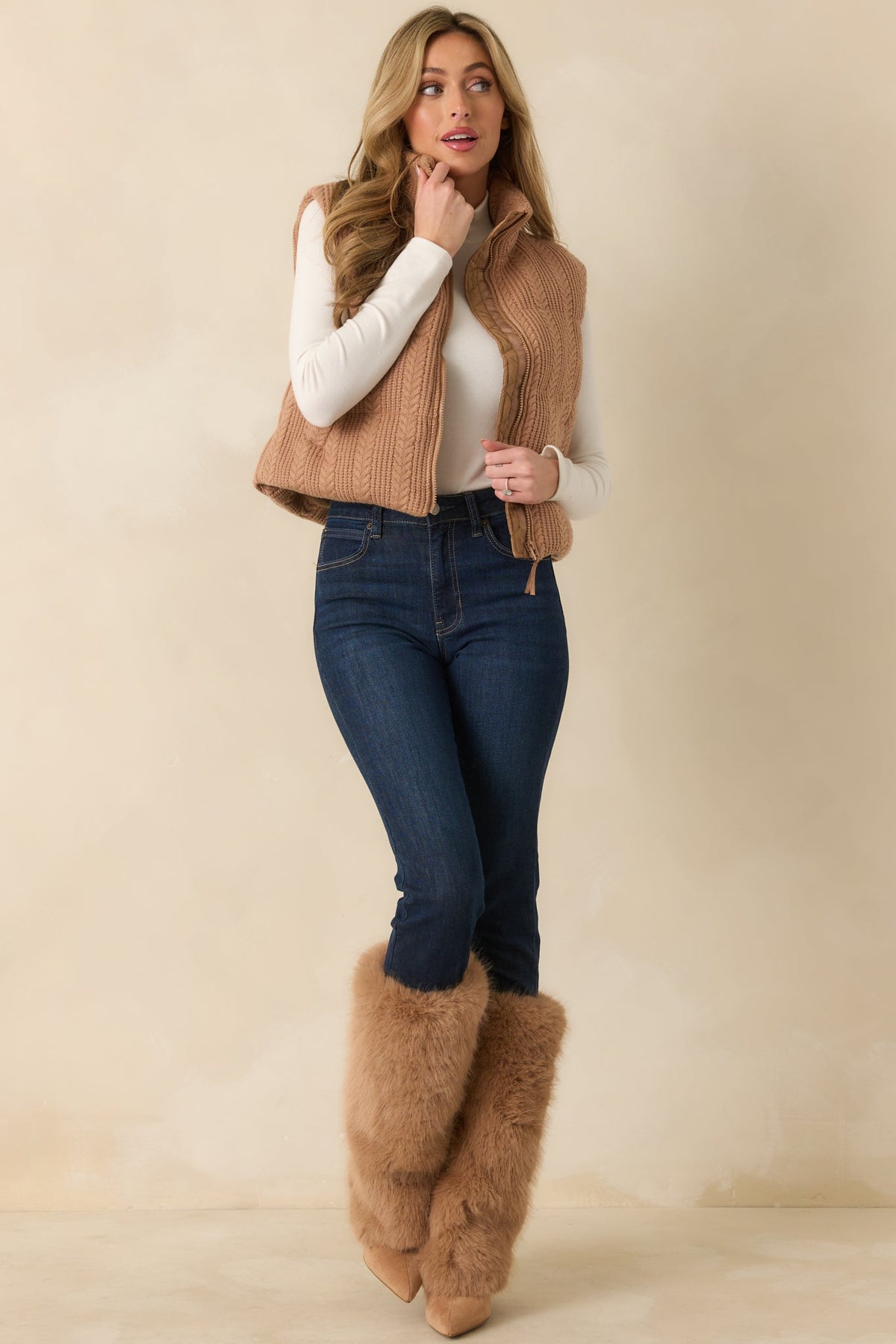 Thread & Supply Stormi Camel Brown Cable Knit Puffer Vest