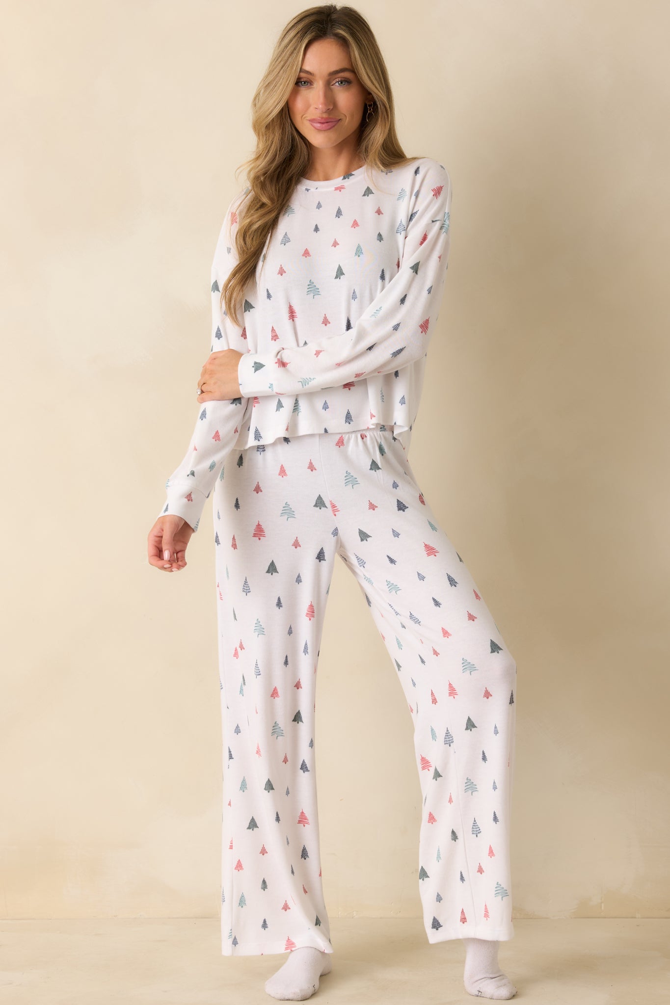 Z Supply White Multi Alpine Tree Brushed Knit Pajama Top