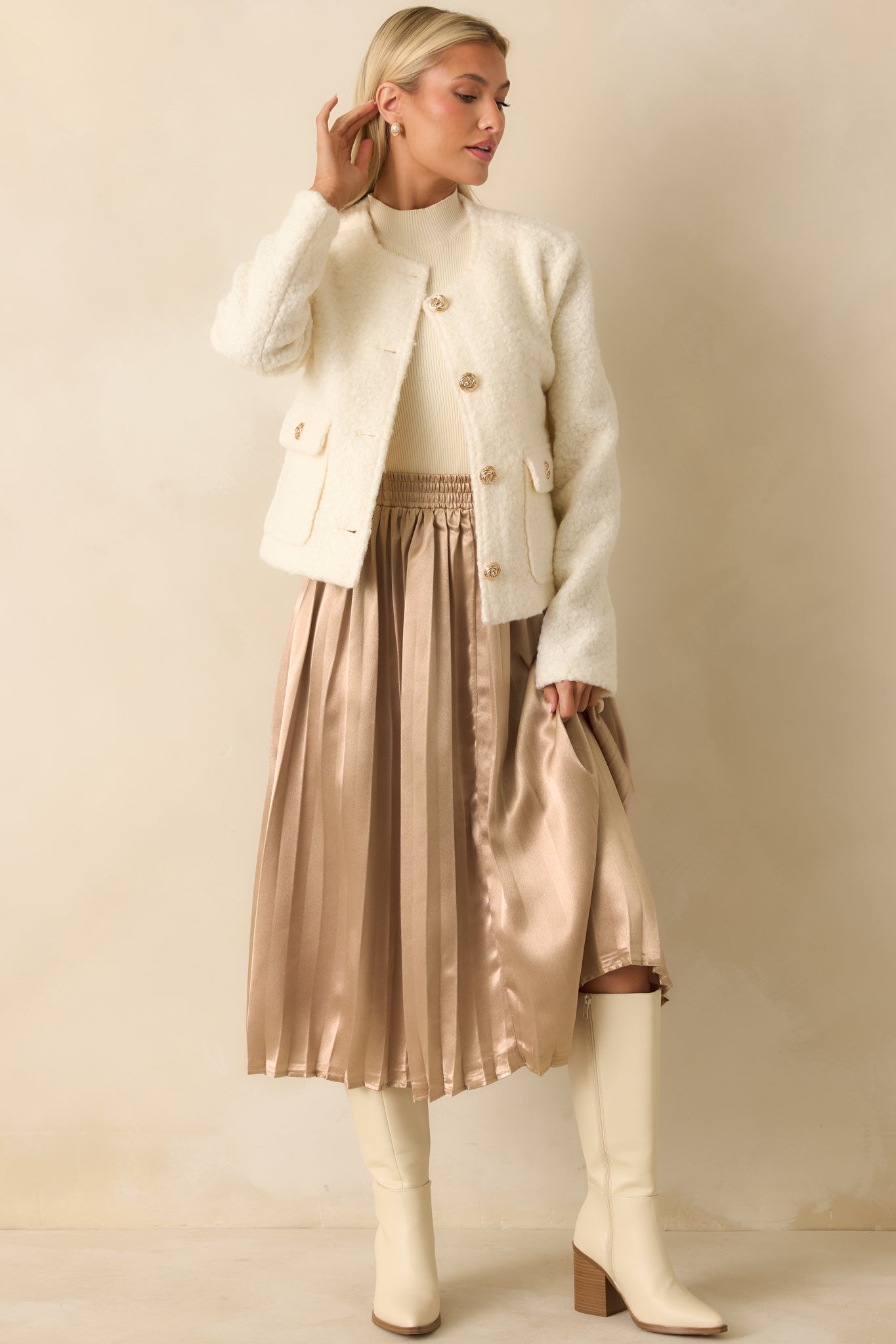 Whispered Warmth Cream Bouclé Button Front Jacket