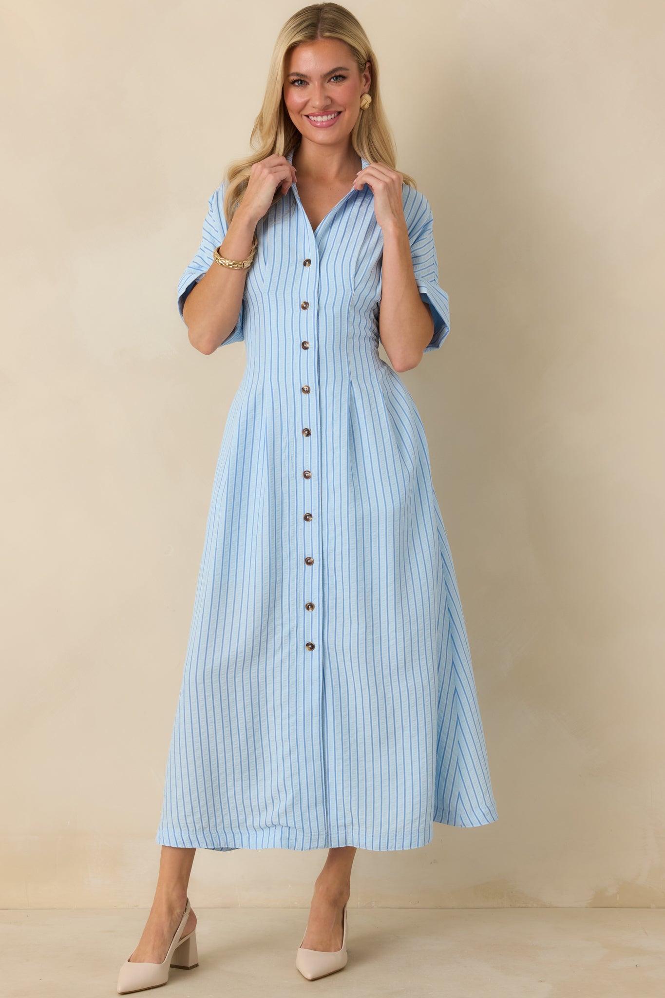 Wherever I Go Light Blue Stripe Smocked Waist Maxi Shirt Dress