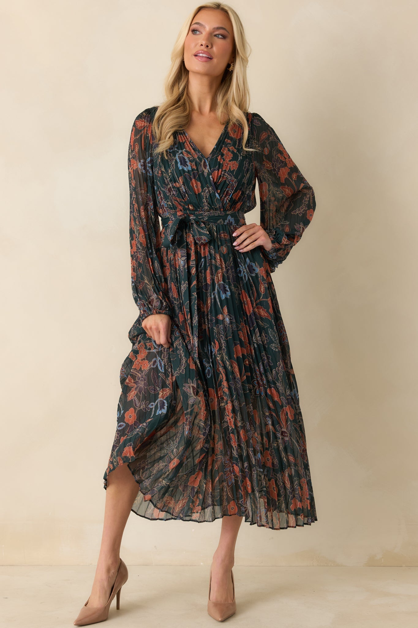 The One You Want Dark Green Multi Floral Pattern Pleated Maxi Dress