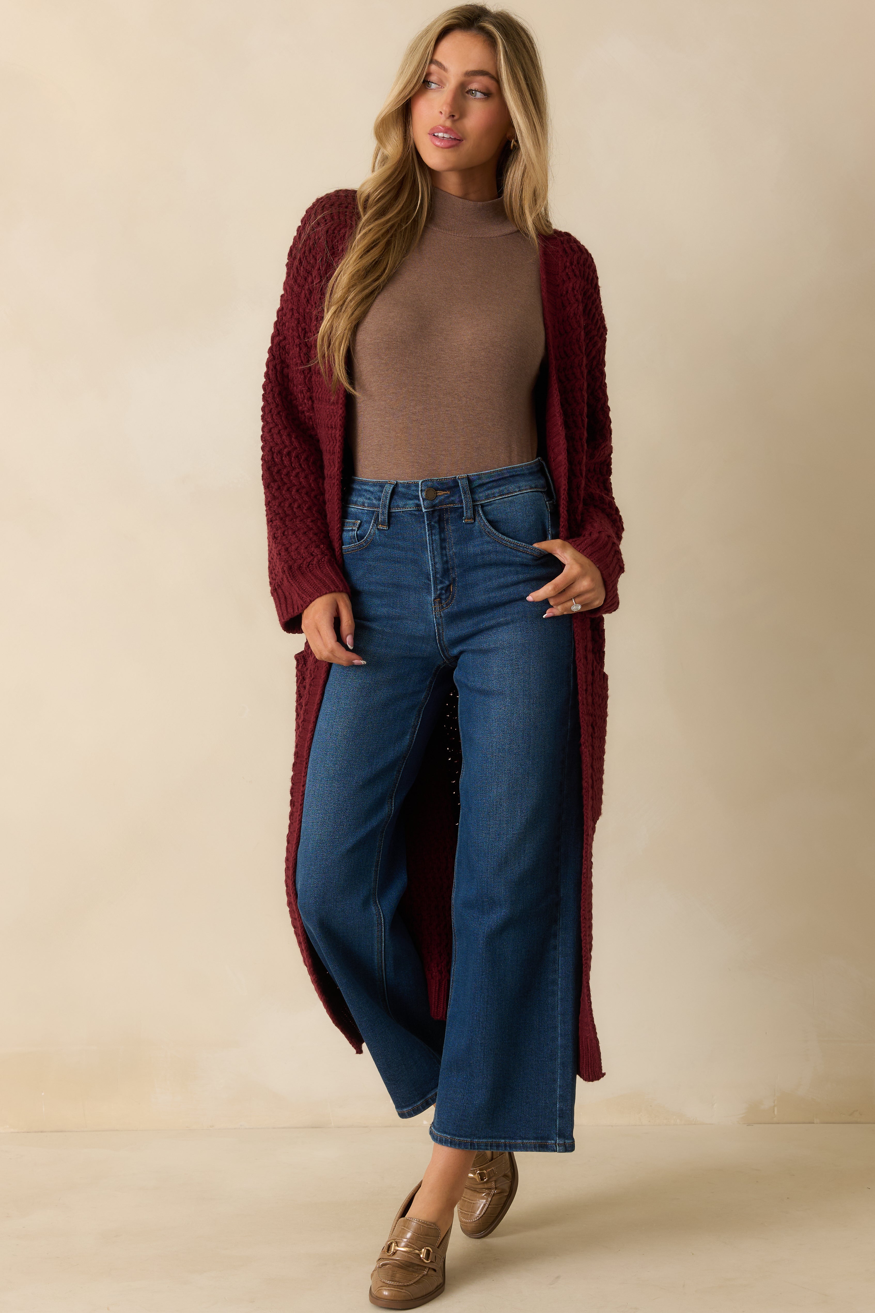 Made For More Wine Red Knit Duster Cardigan