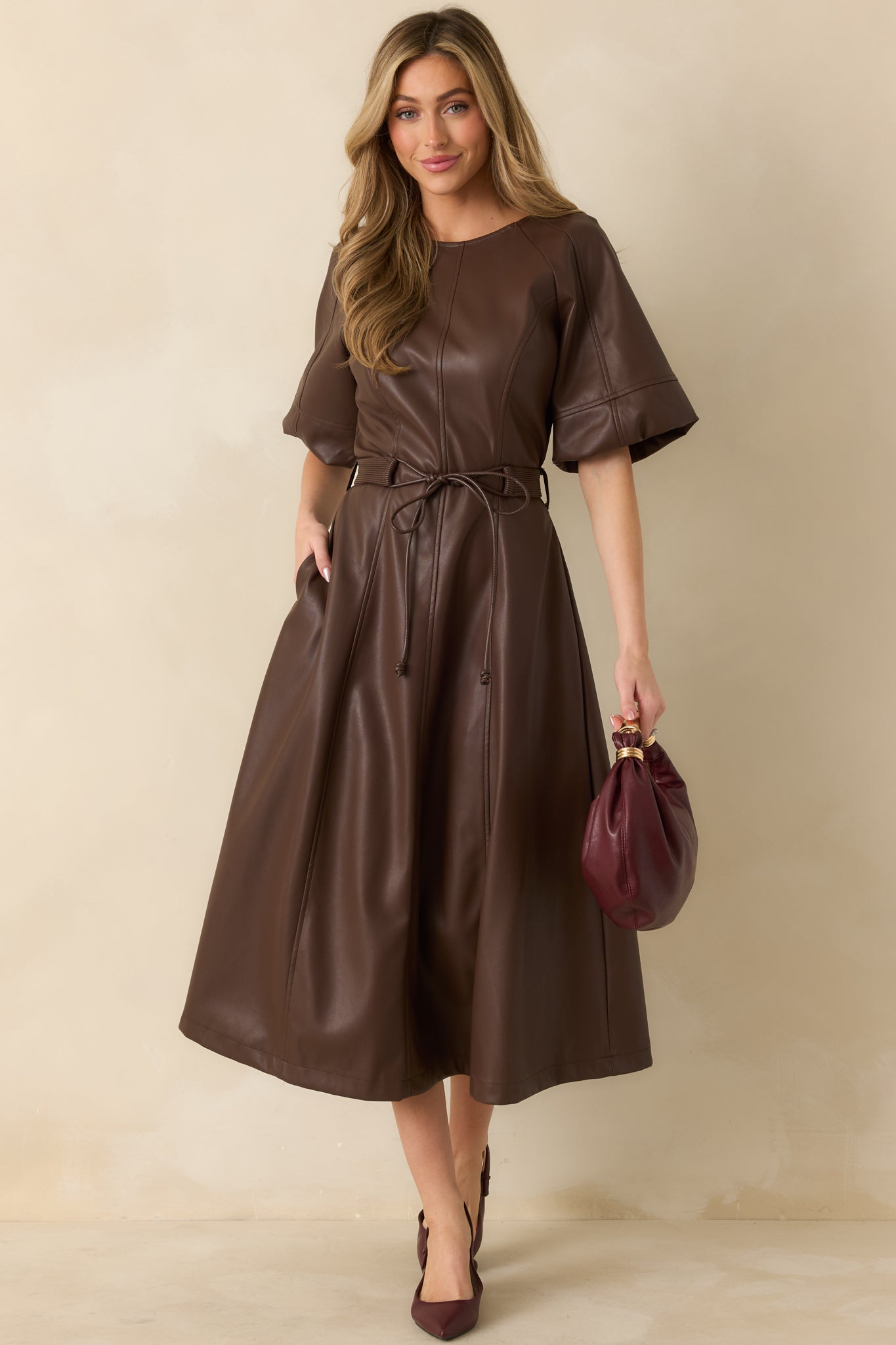 Something to Behold Brown Faux Leather Short Sleeve Belted Midi Dress