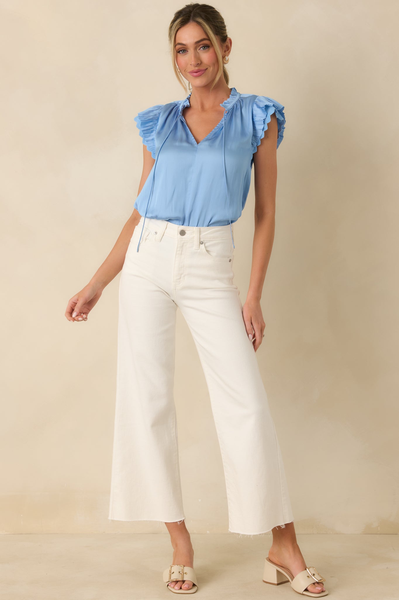 The Way It Unfolded Blue Ruffle & Lace Trim V-Neck Blouse