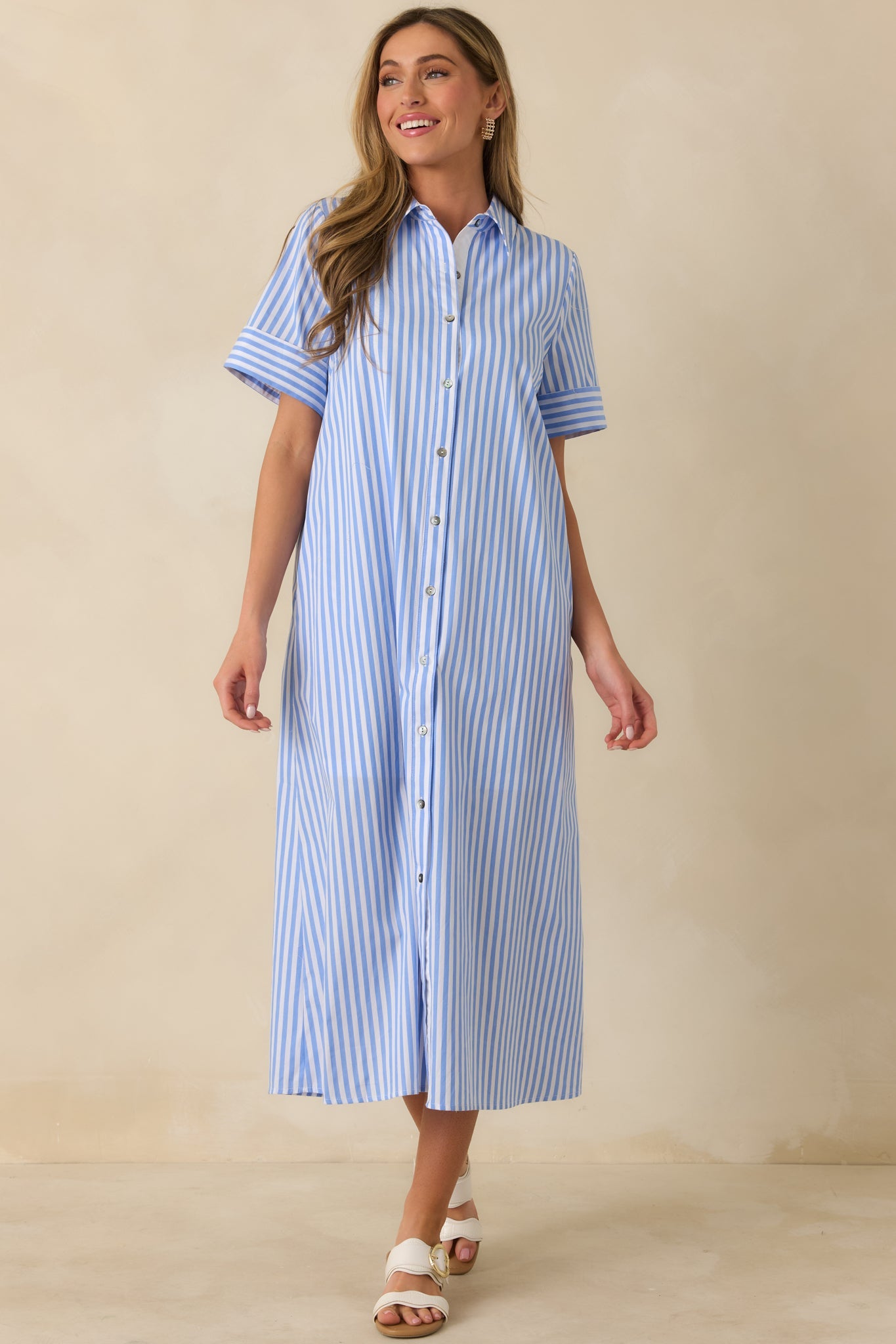 Pretty in Pinstripes Blue Cotton Stripe Button Front Maxi Shirt Dress
