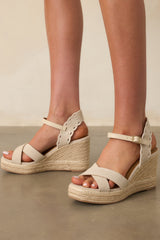 Taking It All In Beige Canvas Embroidered Eyelet Wedge Sandals