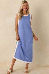 Perfectly Framed Blue Jersey Knit Contrast Trim Sleeveless Maxi Dress