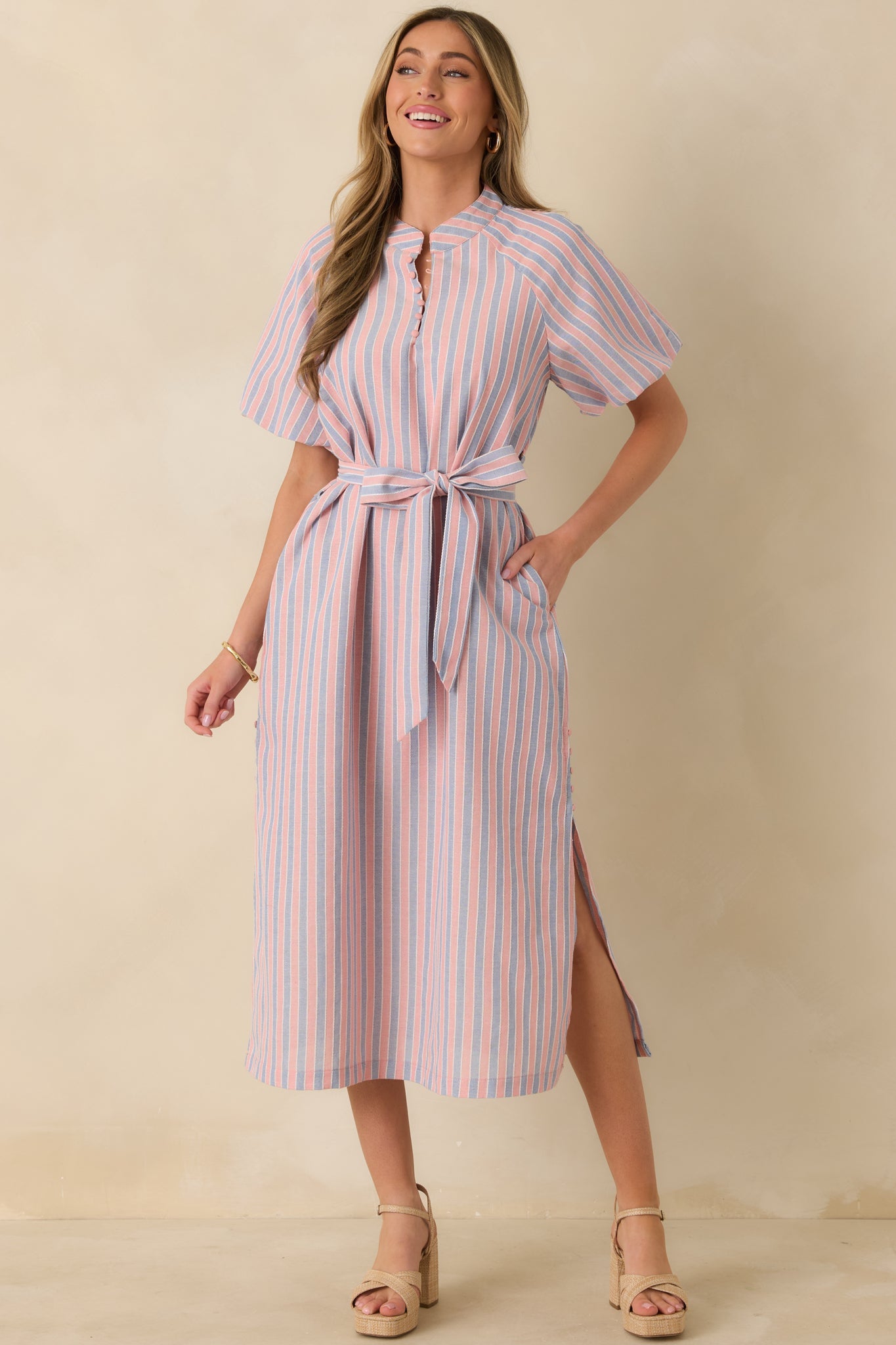 Elegantly In Route Pink & Blue Stripe Cotton Blend Belt Tie Midi Dress