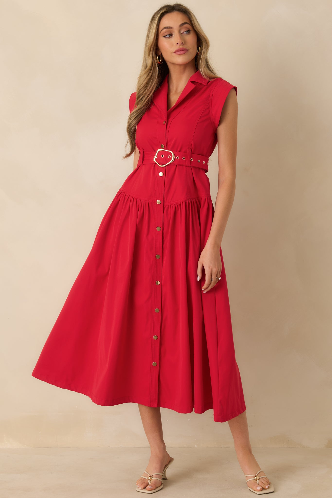Just Right Moments Red Sleeveless Belted Maxi Shirt Dress