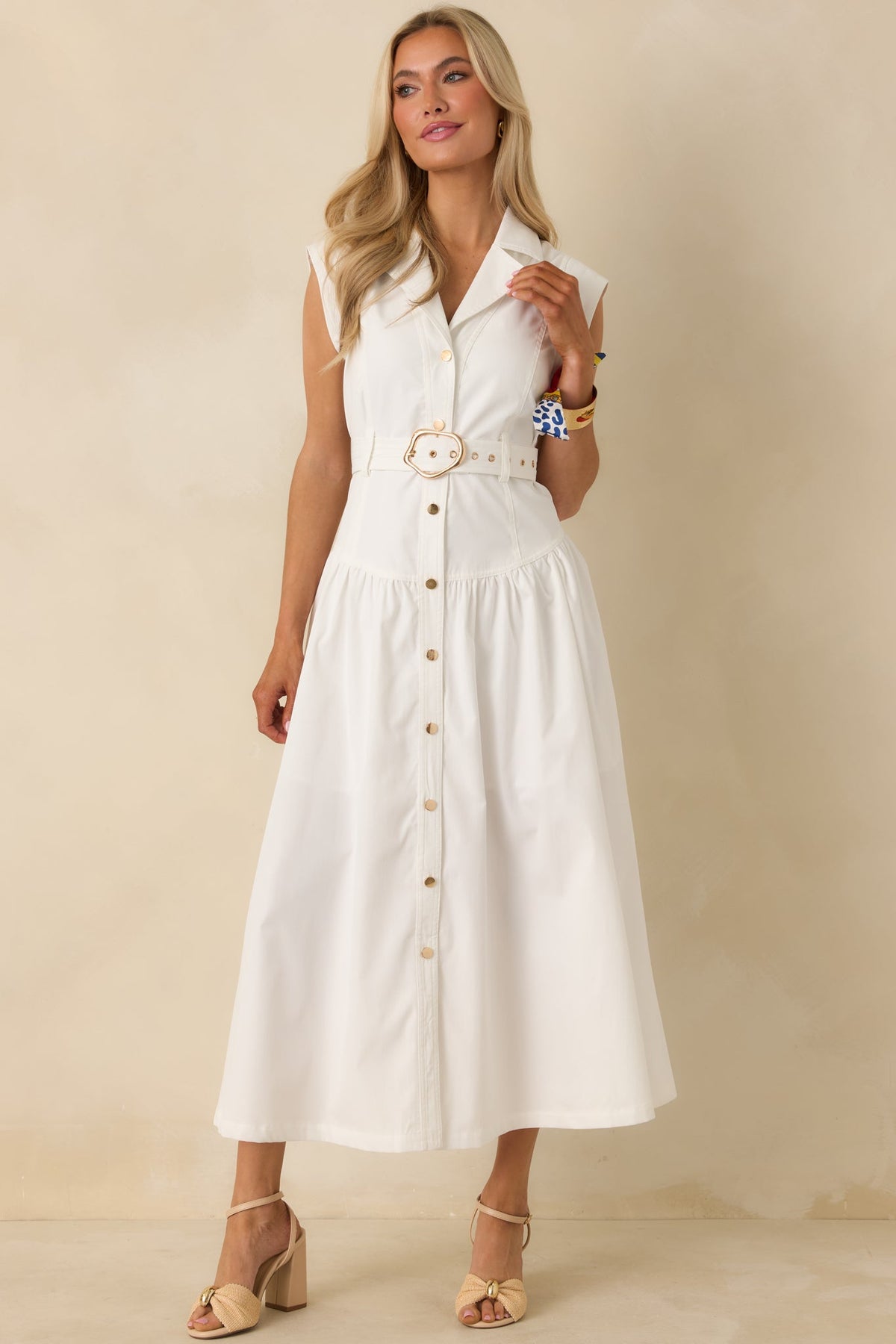 Just Right Moments White Sleeveless Belted Maxi Shirt Dress