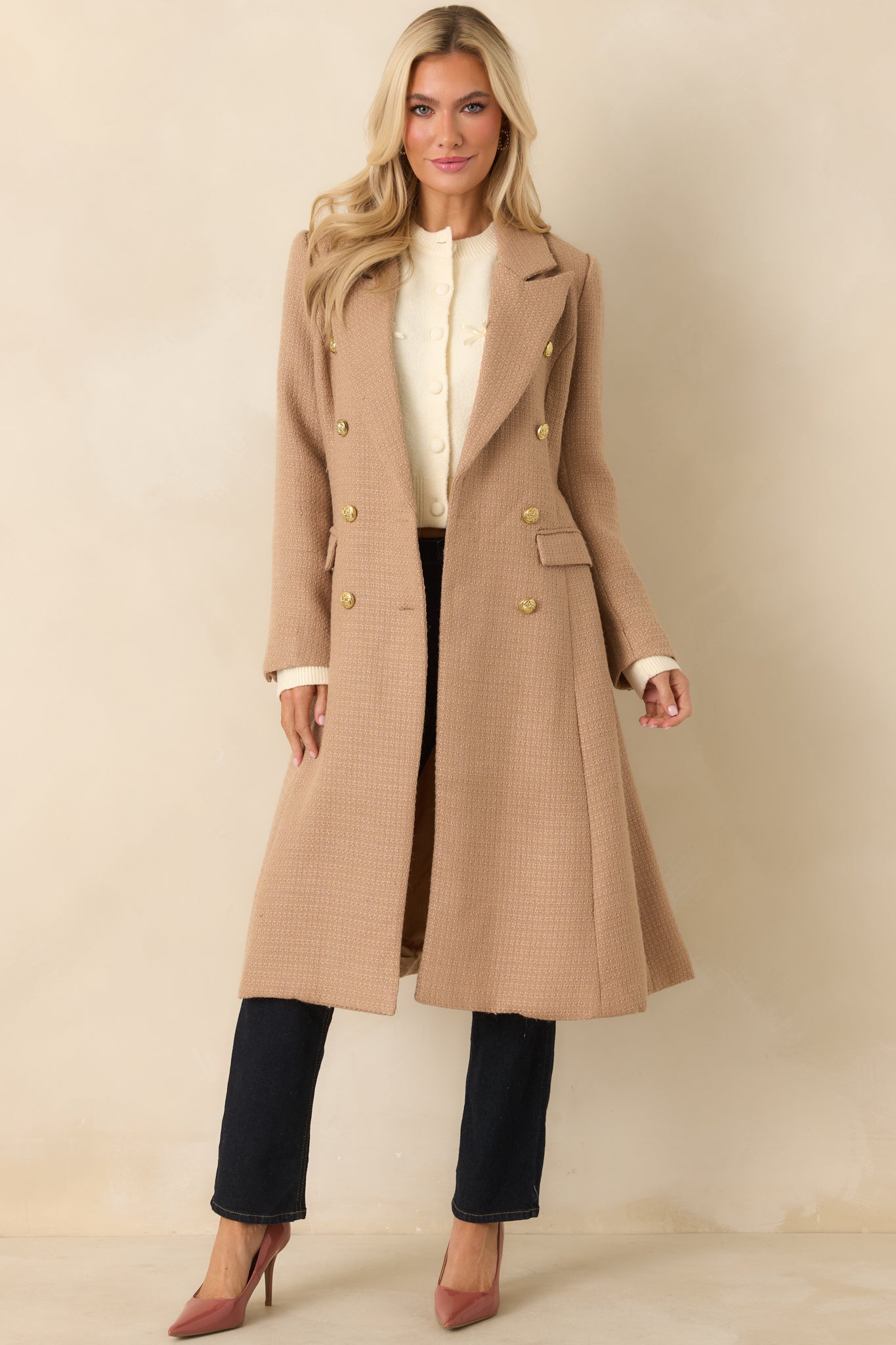 Get to It Camel Textured Woven Tailored Double-Breasted Topcoat