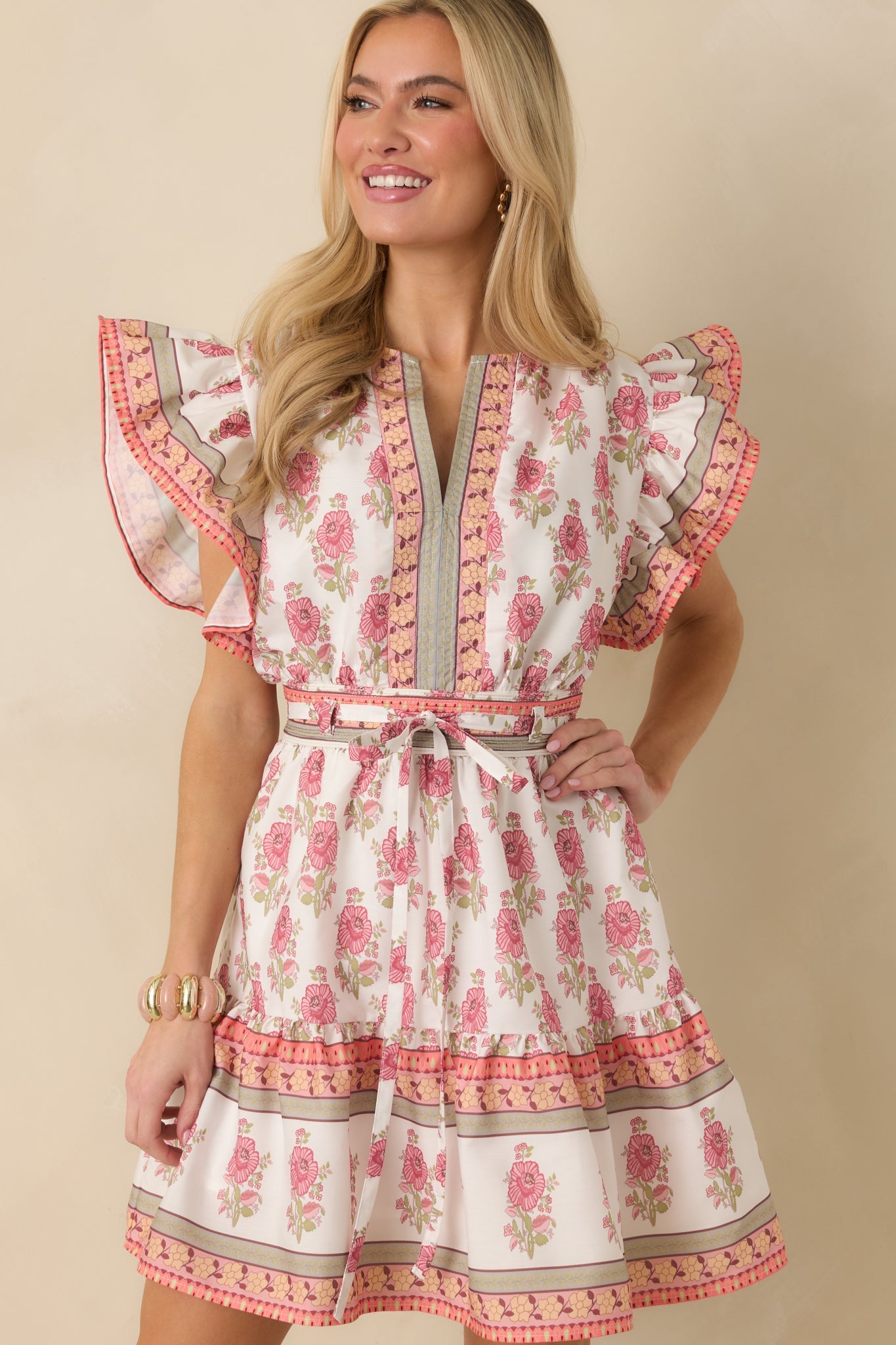 Whispers Of Spring White Floral Flutter Sleeve Mini Dress