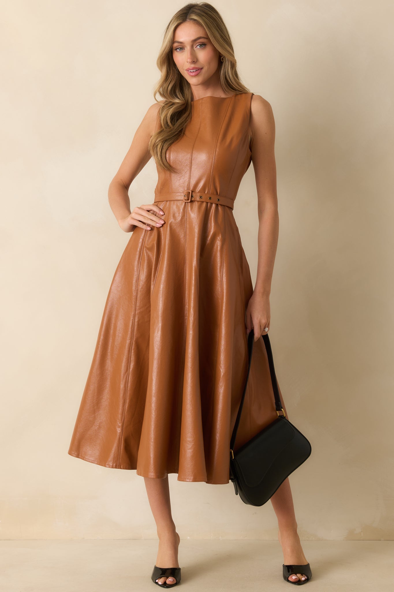 End Of Discussion Caramel Brown Faux Leather Belted Maxi Dress