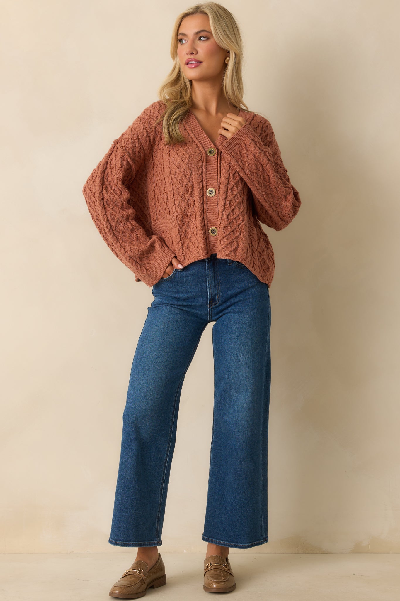 For Old Time's Sake Terracotta Cable Knit Button Up Cardigan