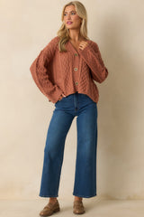 For Old Time's Sake Terracotta Cable Knit Button Up Cardigan