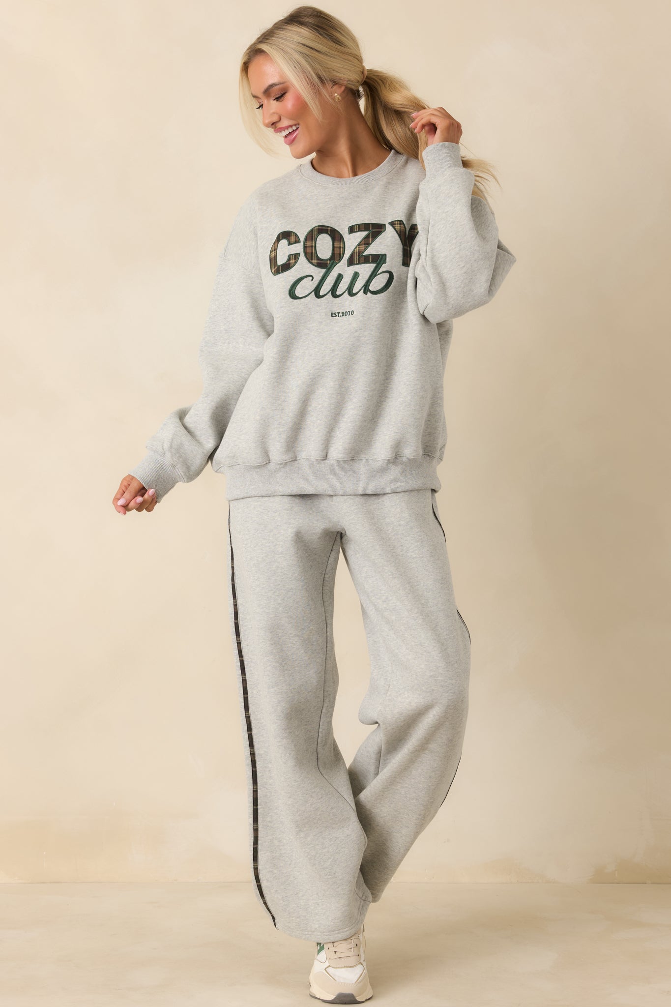 Cozy Club Heather Grey Plaid Stripe Sweatpants