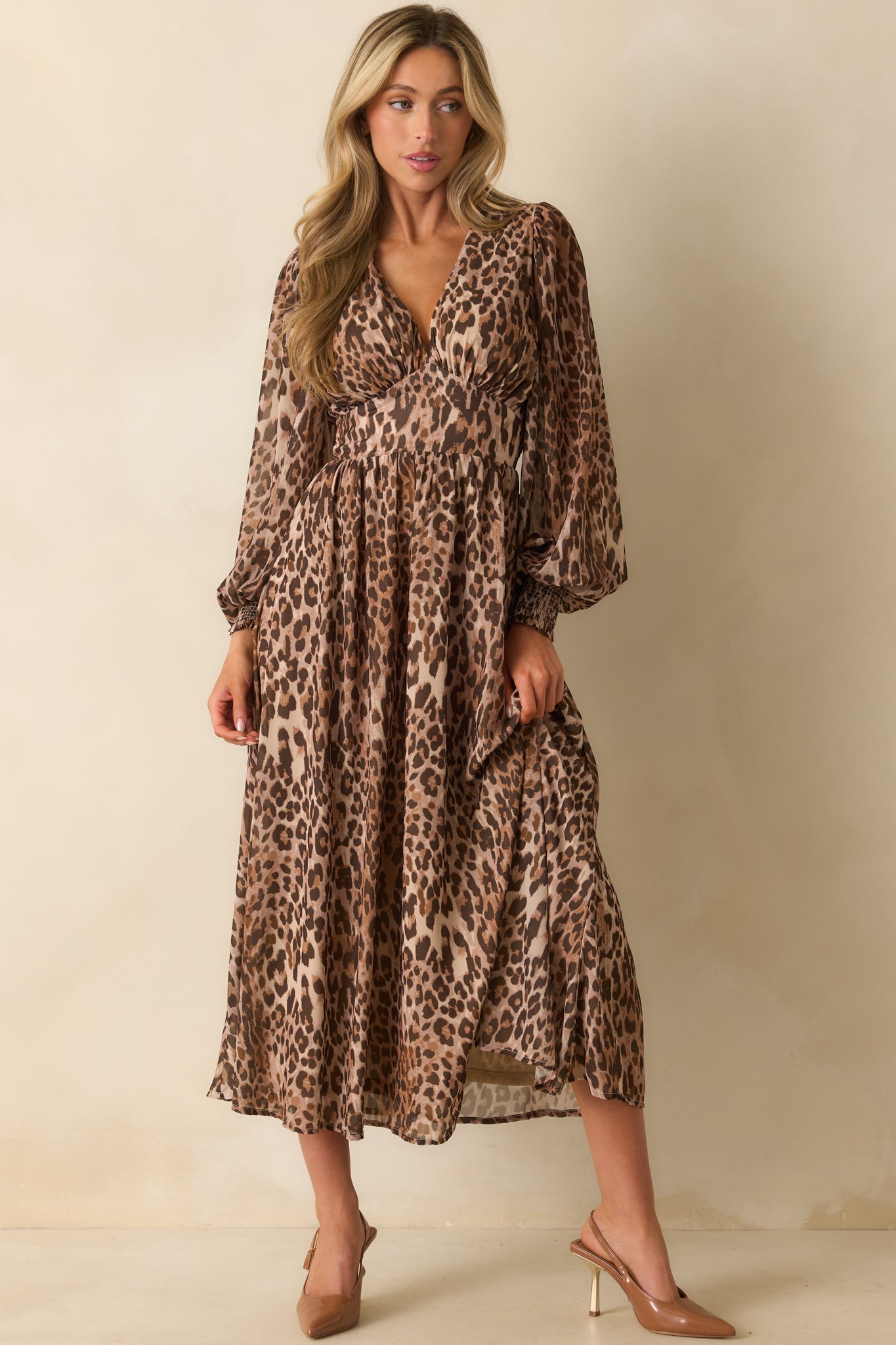 At Any Given Moment Brown Leopard Print Chiffon Maxi Dress