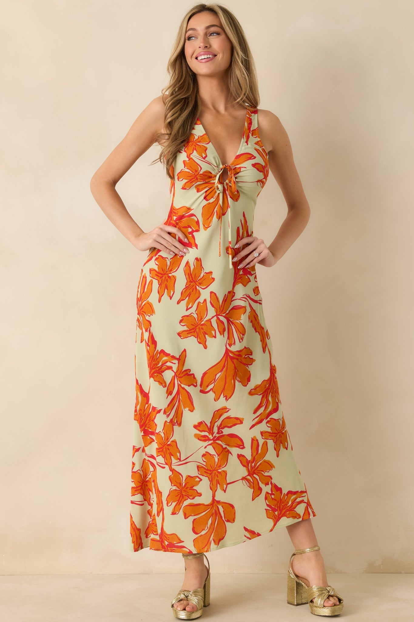 MINKPINK Estelle Green & Orange Floral Print Keyhole Maxi Dress
