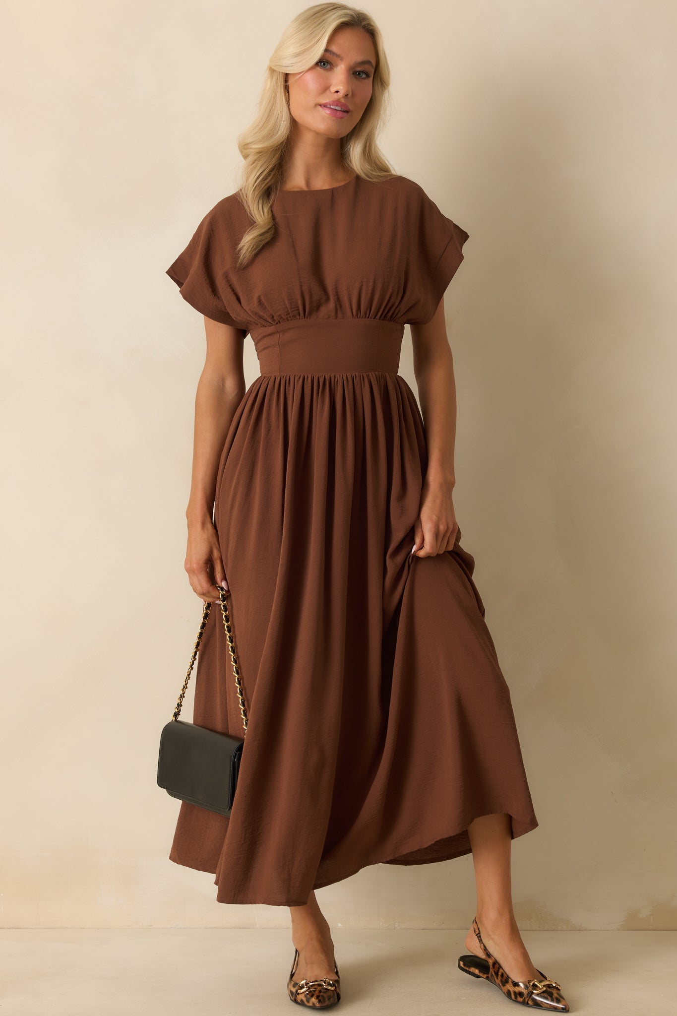 As Promised Brown Short Sleeve Cinched Waist Maxi Dress