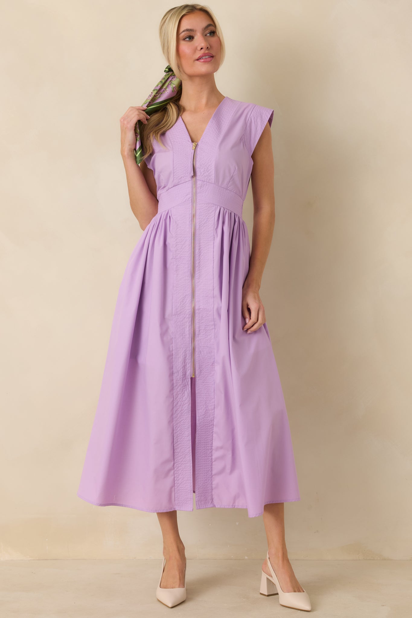 The Adeline Lavender Zip Up Midi Dress