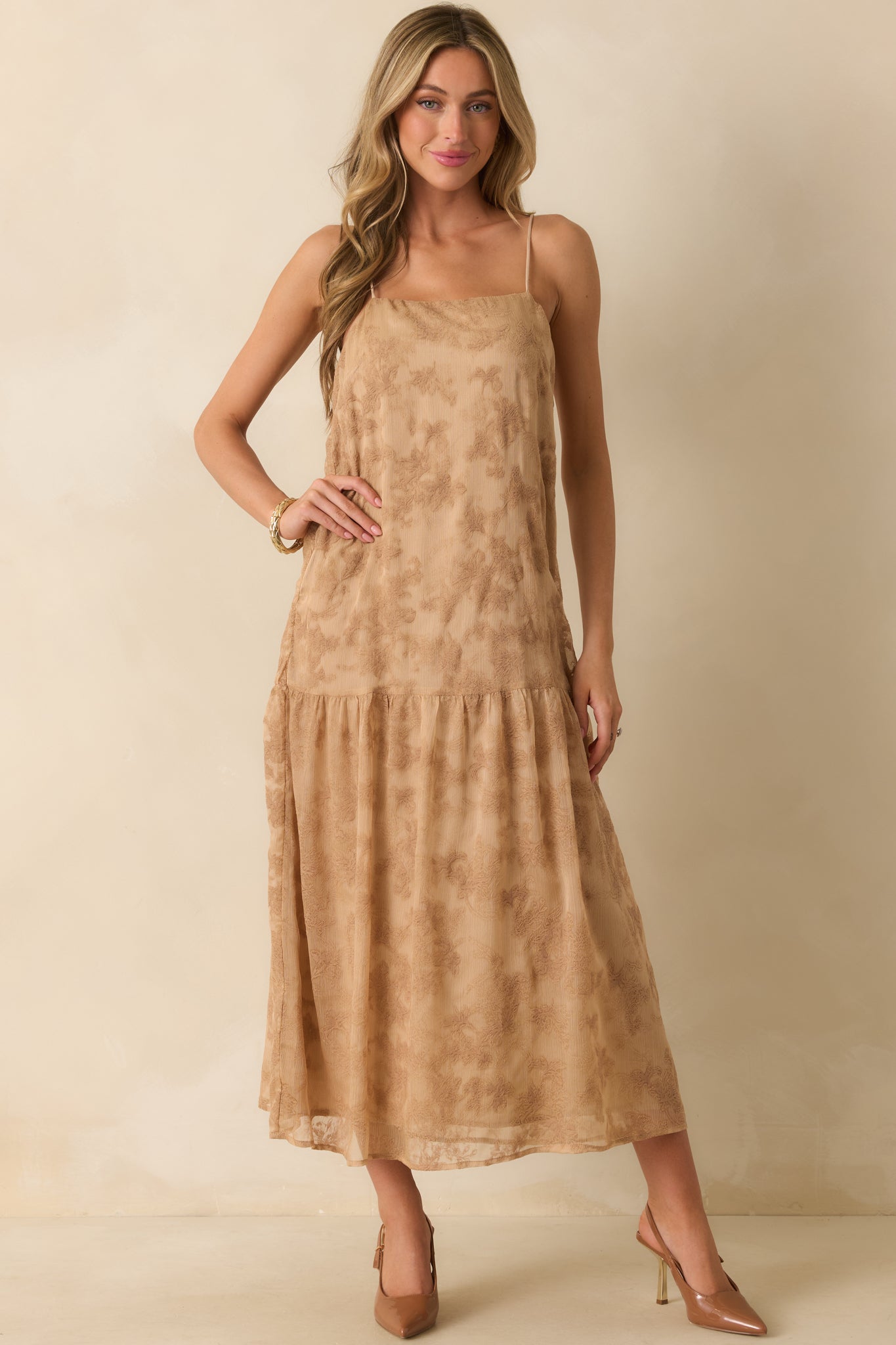 You Tell Me Tan Textured Floral Print Chiffon Drop Waist Maxi Dress