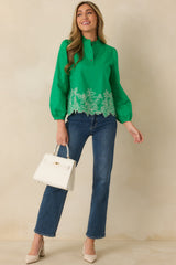 I See You Spring Green Cotton Floral Embroidered Puff Sleeve Top