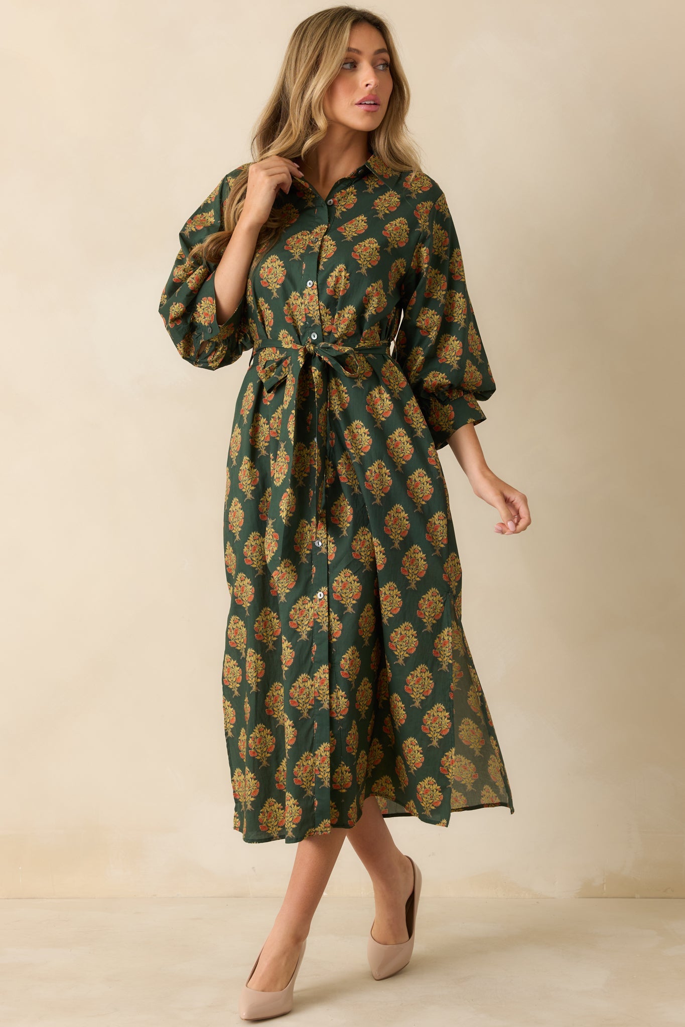 Vintage Bloom Dark Green Multi Floral Print Cotton Maxi Dress