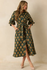 Vintage Bloom Dark Green Multi Floral Print Cotton Maxi Dress