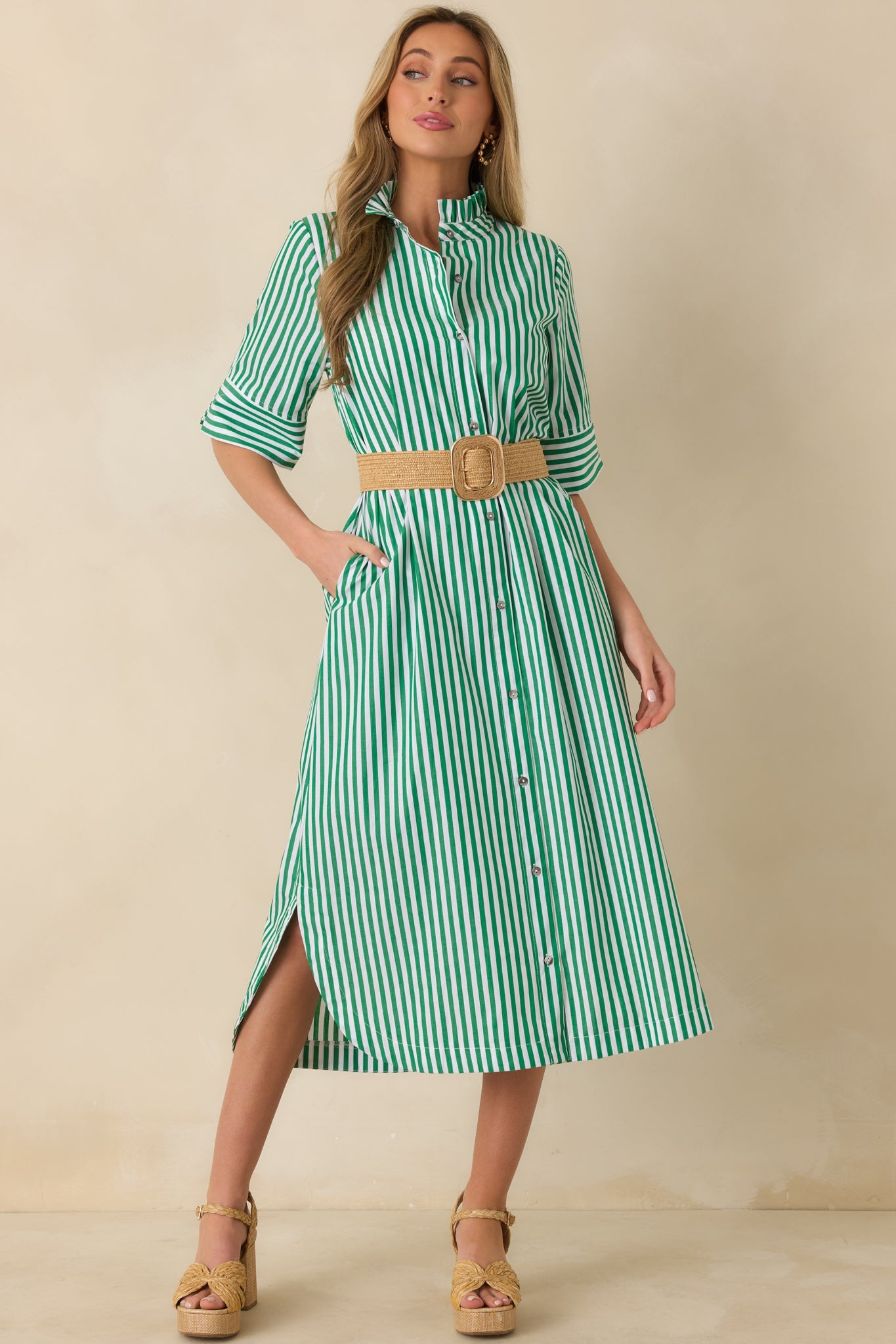 In Perfect Order Green Stripe Button Front Ruffle Collar Midi Shirt Dress