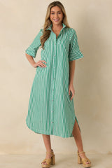 In Perfect Order Green Stripe Button Front Ruffle Collar Midi Shirt Dress