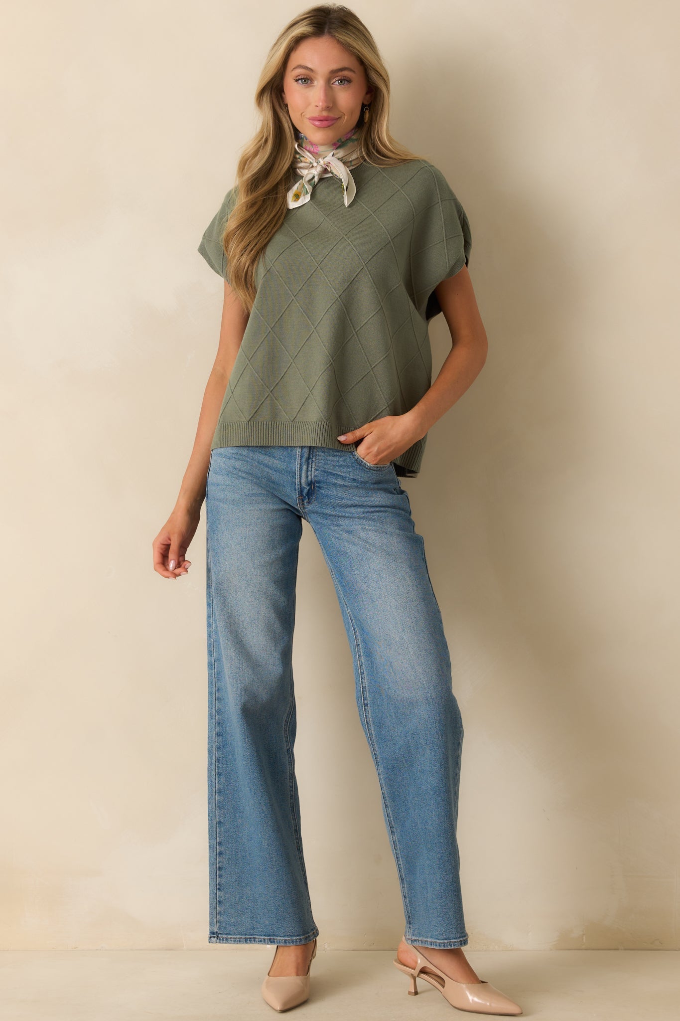 The Clear Choice Olive Green Short Sleeve Argyle Stitch Sweater