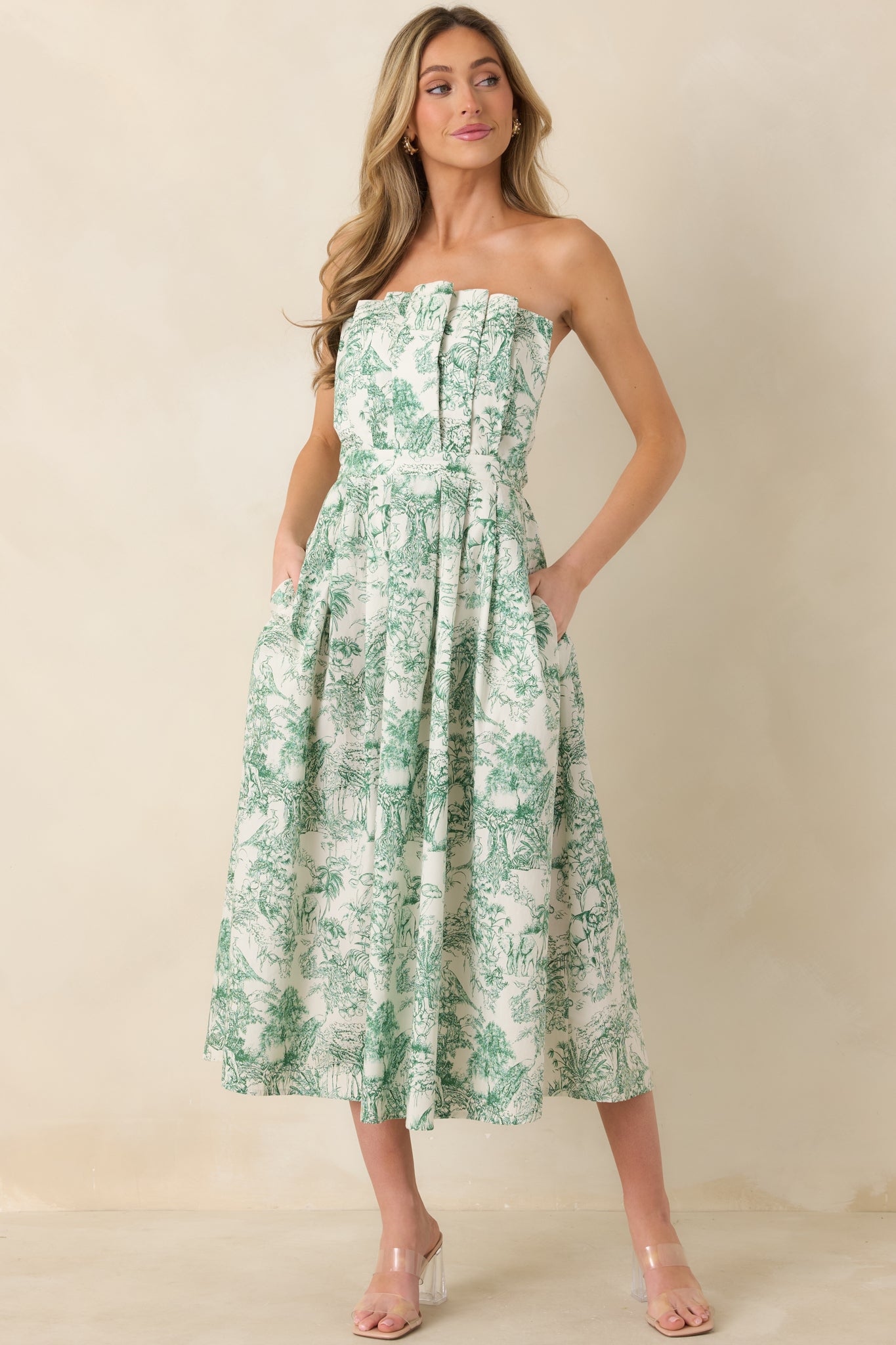 The Genevieve 100% Cotton Green Toile Strapless Midi Dress