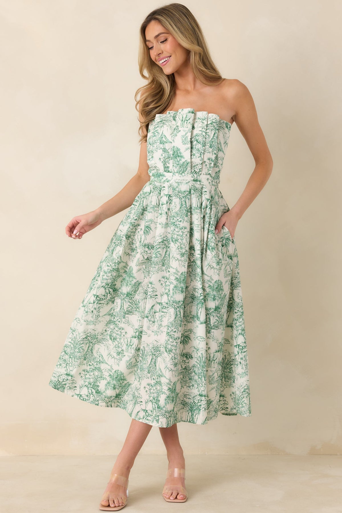 The Genevieve 100% Cotton Green Toile Strapless Midi Dress