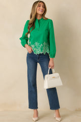 I See You Spring Green Cotton Floral Embroidered Puff Sleeve Top