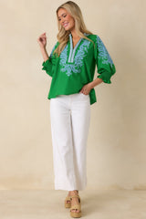Simple Joys Green Embroidered V-Neck Puff Sleeve Top