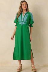 When It Feels Right Green Embroidered V-Neck Maxi Dress